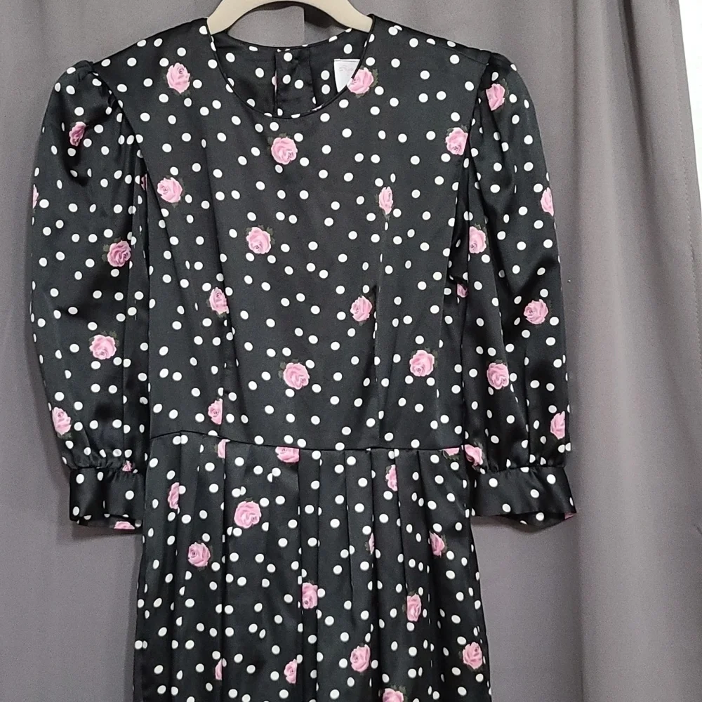 VTG‎ Petite Lanz USA Dress Black W/White Polka-dots/Pink Roses Pockets Sz 2 READ